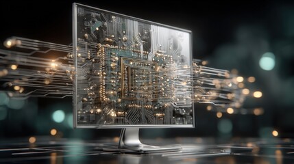Futuristic Computer Monitor Displaying Advanced Circuitry and Data Streams, Representing Cutting-Edge Technology and Digital Innovation