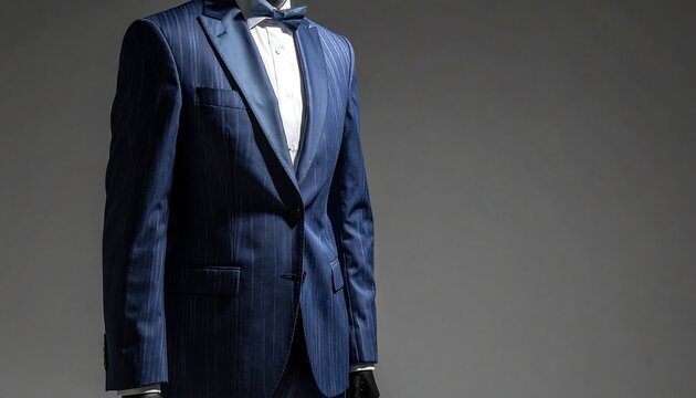 An eye-level shot of a blue pinstriped suit with a white shirt and black bow tie on a mannequin against a gray background