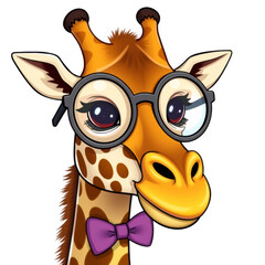 Fototapeta premium Adorable cartoon giraffe wearing glasses and bowtie character design for children educational content isolated on transparent background