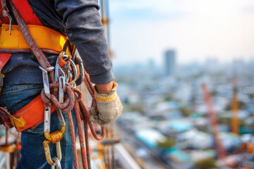 Construction worker use safety harness and safety line working on a new construction site project.
