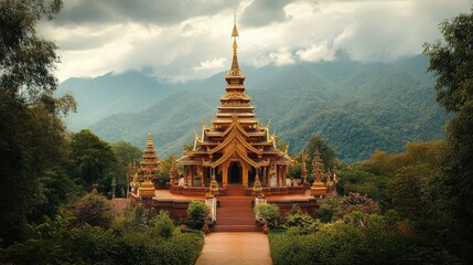 Majestic Temple Surrounded by Lush Green Mountains in Thailand