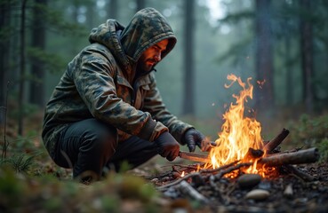 Man in camo jacket makes campfire in wild misty forest. Bearded hiker holds knife preparing fire for warmth. Hunter practices bushcraft skills on solo survival adventure. Male person exploring