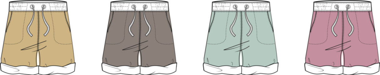 Collection of four different colored flat-lay illustrations of casual drawstring shorts for a clothing brand