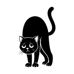 Sad black cat with downturned eyes and a curved tail looking forlorn.