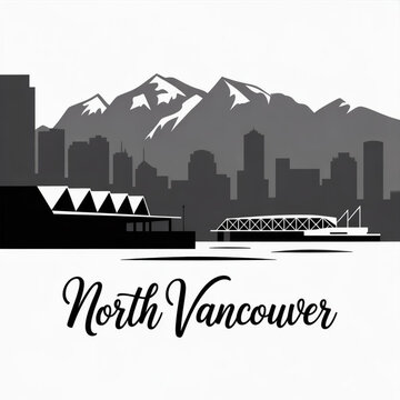 &lrm;North Vancouver British Columbia Skyline Silhouette &mdash; Scenic Canadian Coastal City beneath the North Shore Mountains Vector Illustration