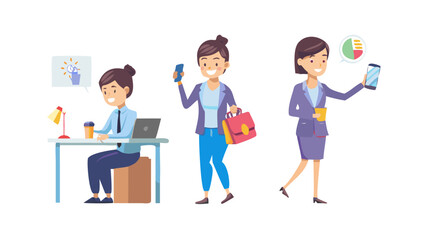 Set Businesswoman Character Daily Routine Speaking by Smartphone, Develop Creative Idea, Teamwork Cooperation and Business Vision, Office Lifestyle and Activity. Cartoon People Vector Illustration .

