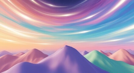Colorful Mountains Under Painted Sky with Swirling Clouds