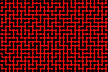 Black and red abstract background with labyrinth, puzzle, maze, geometric texture background, black seamless pattern on red background, red, black. Design for textile, wallpaper, fabric, decor, etc.
