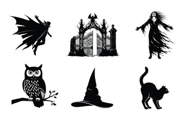 Spooky Halloween silhouettes featuring vampire, haunted gate, witch, owl, and black cat for eerie designs