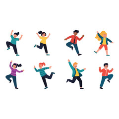 Joyful children in vibrant outfits jumping and celebrating together.