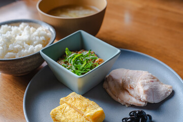 Japanese breakfast with chicken and miso soup