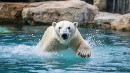 Fototapeta premium Polar Bear Swimming in Clear Blue Water with Natural Habitat Surroundings