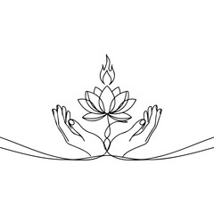 Hands holding lotus flower with flame representing spiritual enlightenment and peace.