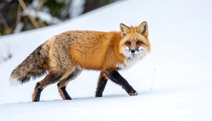 An eye-level shot portrays a vibrant red fox in a snow-covered environment. Its fur is a warm orange, accented by white and black. The fox walks forward