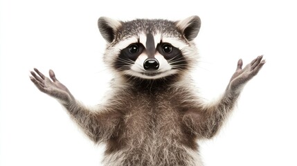 Fototapeta premium Cute raccoon with open paws on white background looking curious