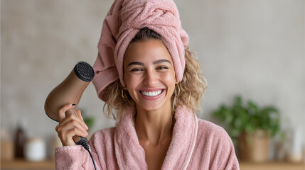 Portrait of smiling young woman in bathrobe and towel on head and with hair dryer at home