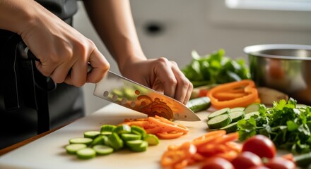 Knife Slicing Orange Pepper Rings on Cutting Board in Bright Kitchen