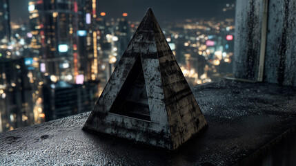 Dark metallic triangular sculpture with an inner cut-out, set on a rooftop ledge against a glowing night city skyline.