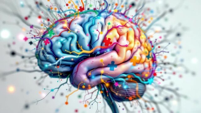Vibrant illustration of a brain with neural networks and colorful synapses - Powered by Adobe