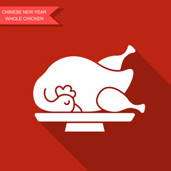 Flat vector illustration of whole chicken on plate symbolizing traditional Chinese New Year food. Festive dish for holiday dinner, Asian cuisine and cultural celebration themes