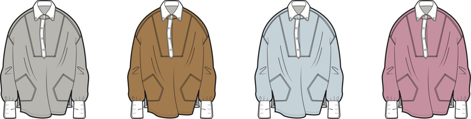 Vector illustration collection of an oversized polo sweatshirt technical flat, featuring multiple colorways for fashion design and apparel mockups