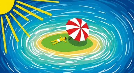 Person Lying Under Red and White Umbrella on Tiny Island Surrounded by Blue Water