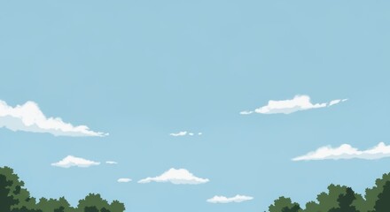 Serene Light Blue Sky with White Clouds and Green Trees