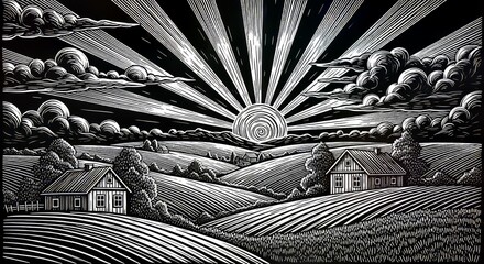 Rural Landscape Black and White Woodcut Style Engraving with Rising Sun