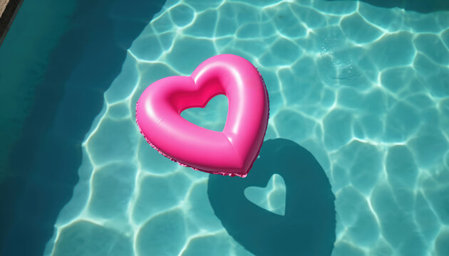 Bright pink heart float drifts on clear blue pool water. Sun creates rippling light patterns on surface. Shadow of inflatable heart casts on bottom.