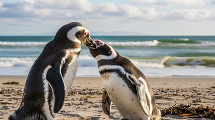 Affectionate magellanic penguins display courtship behavior on a sandy seashore, a symbol of love