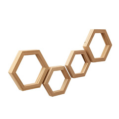Empty wooden hexagonal floating shelves in a honeycomb pattern isolated on a white background for minimalist interior design