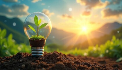 Light bulb with soil, growing plant against sunny natural background. Eco-friendly concept growth innovation, environmental awareness. Fresh green leaves represent new life, eco friendly business