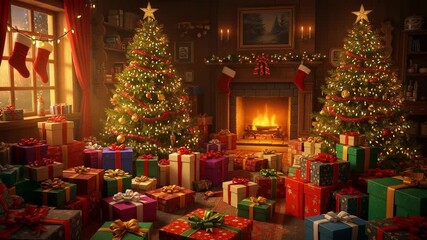 Cozy christmas living room with fireplace and gifts - Powered by Adobe