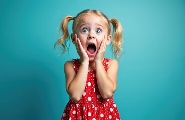 Little girl with blonde pigtails wears red polka dot dress. Eyes wide open, mouth agape, hands near face showing pure shock and amazement. Isolated on aqua blue background. Child extreme emotion.