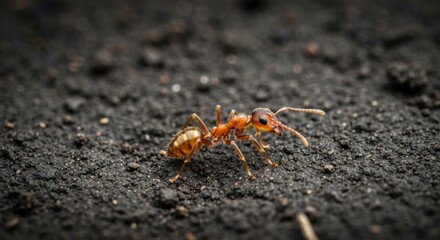 Fototapeta premium Ant walks on dirt. Close-up showing detailed body and surrounding terrain