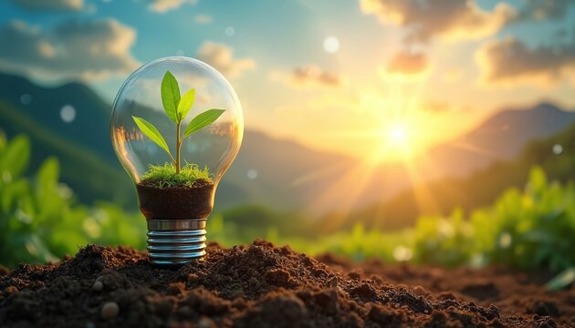 Light bulb with soil, growing plant against sunny natural background. Eco-friendly concept growth innovation, environmental awareness. Fresh green leaves represent new life, eco friendly business
