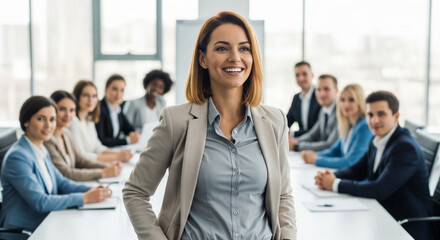 Obraz premium Confident businesswoman leading a team meeting in a modern office, fostering collaboration and strategic discussion