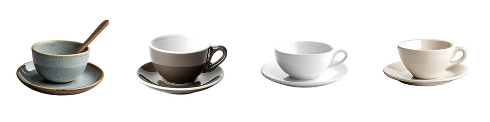 Obraz premium Coffee saucer – A small dish that accompanies a coffee cup, typically used to catch drips or hold a spoon. Isolated on Clear White Background Highly Detailed 