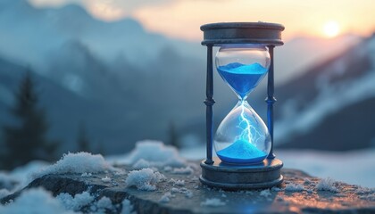 Electric hourglass with blue glowing sand and lightning inside. Vintage sandglass on snowy rock in misty winter mountains. Surreal concept of time passing power energy and nature at sunset.
