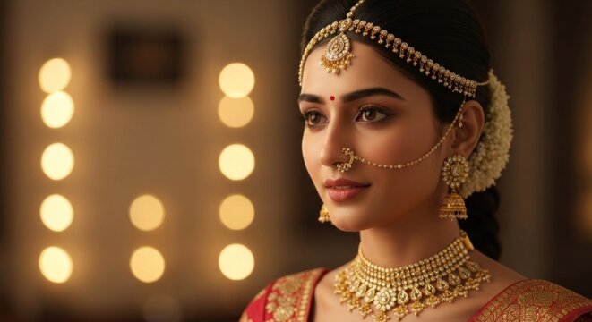 Beautiful woman in traditional Indian jewelry and dress, soft bokeh background - Powered by Adobe