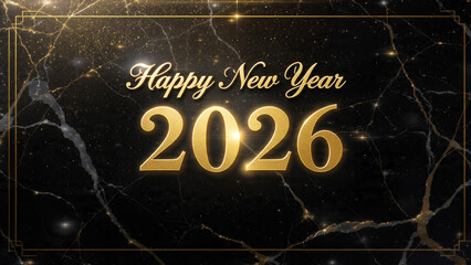 Elegant golden happy new year 2026 text on a luxurious dark marble background with subtle lighting
