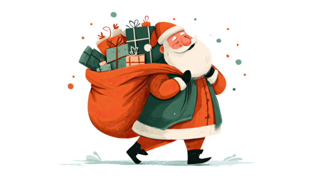 Cheerful cartoon Santa Claus carrying a big sack full of colorful Christmas gifts and presents isolated on white background - Powered by Adobe