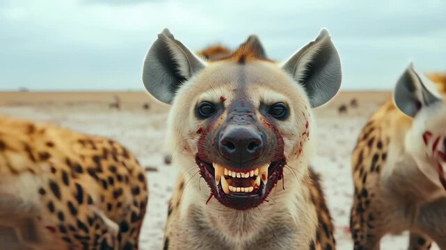 Fierce hyenas with bloodied faces and sharp teeth showcase their predatory nature in wild savanna, embodying essence of fierce carnivore in heart of natures wildlife