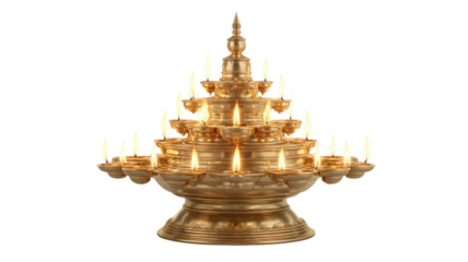 Golden multi tier brass oil lamp lit with bright flames for traditional Diwali celebration and festival of lights isolated on white background