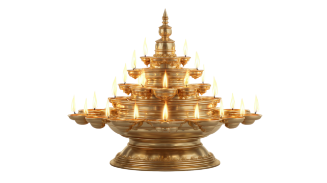 Golden multi tier brass oil lamp lit with bright flames for traditional Diwali celebration and festival of lights isolated on white background