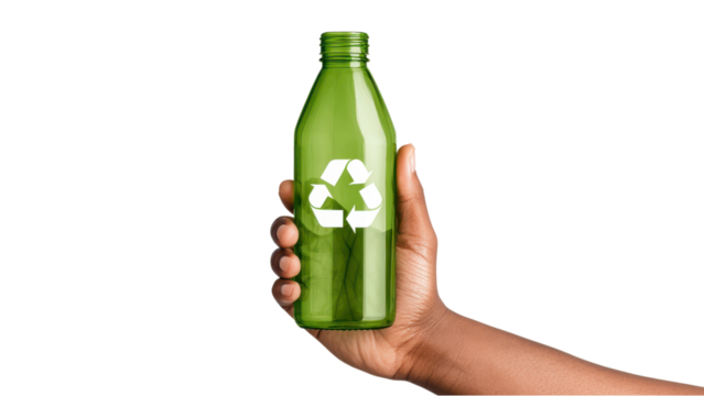 Hand Holding Green Glass Bottle with Recycle Symbol - Powered by Adobe