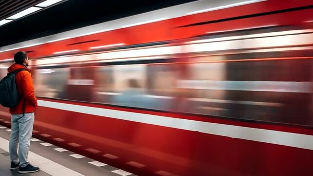 Man waiting for a train on a platform with a blurred red train passing by