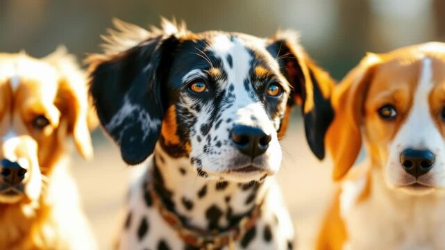 Adorable trio of dogs with unique fur patterns outdoors in sunlight