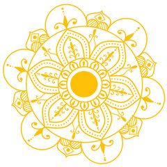 Elegant yellow mandala vector design with symmetrical floral and geometric patterns. Perfect for background decoration, meditation themes, yoga branding, and spiritual artwork