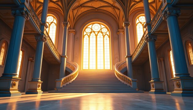 Grand palace ballroom interior features sweeping stairway. Tall windows stream bright golden sunlight into elegant hall. Ornate gold railings, blue columns adorn luxurious castle room architecture.